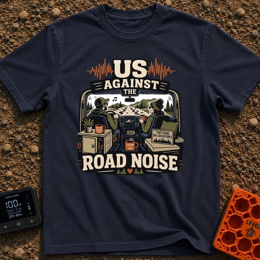Us Against Road Noise - T-Shirt in Navy - An illustration from the interior perspective of a van driving down a bumpy...