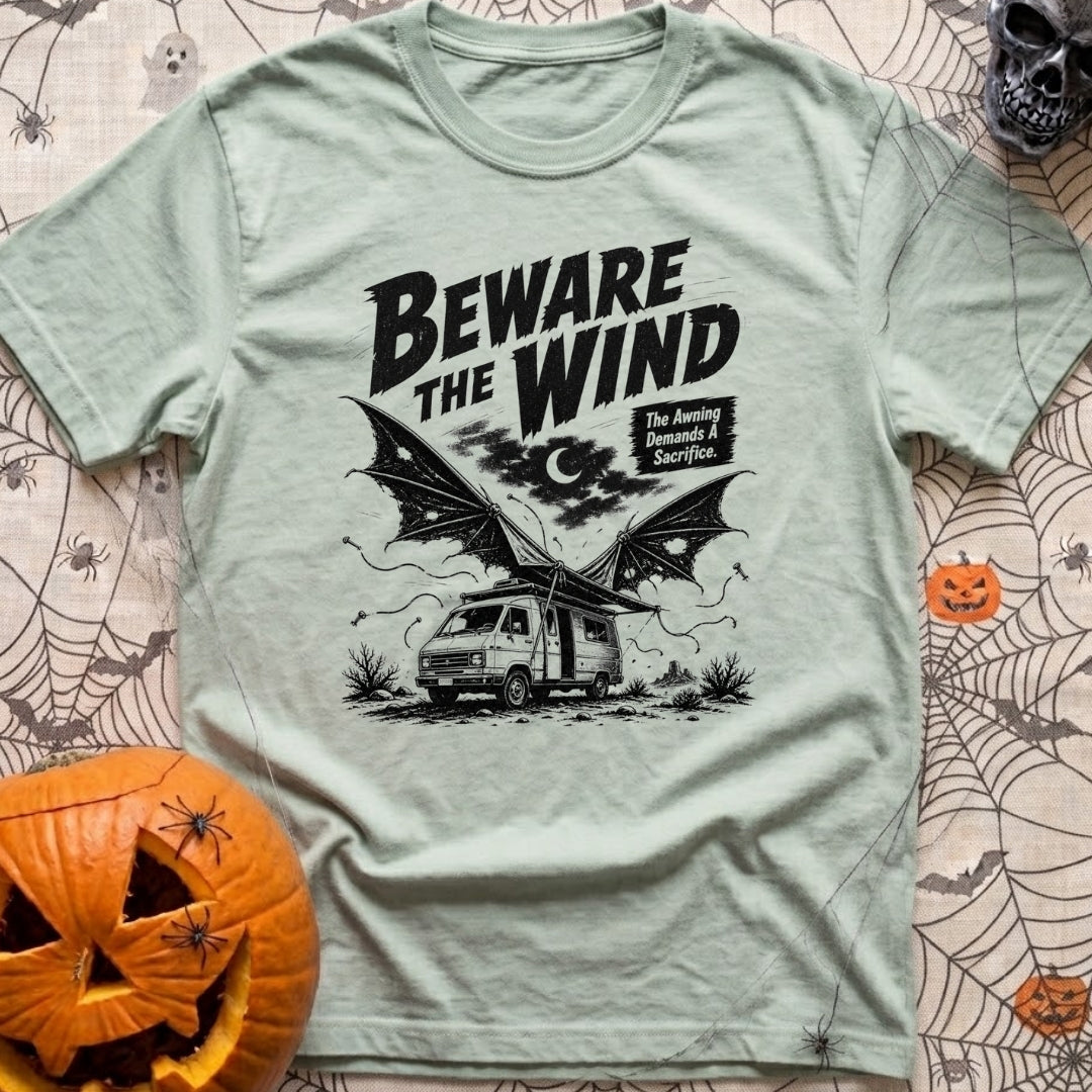 Suckers For Shade - T-Shirt in Bay - A black and white illustration of a camper van parked in a desert at night under a...