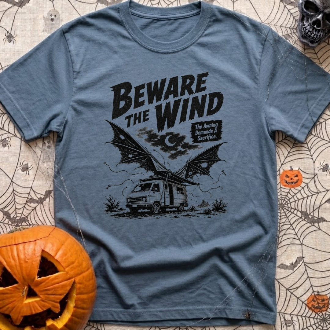 Suckers For Shade - T-Shirt in Blue Jean - A black and white illustration of a camper van parked in a desert at night...