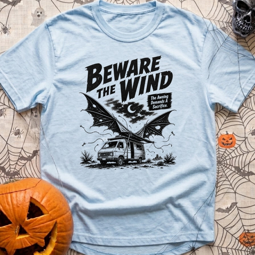 Suckers For Shade - T-Shirt in Chambray - A black and white illustration of a camper van parked in a desert at night...