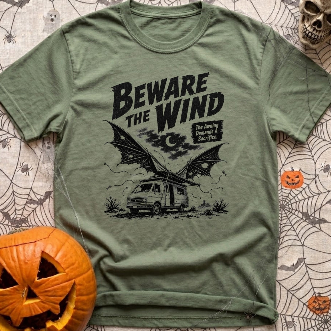 Suckers For Shade - T-Shirt in Moss - A black and white illustration of a camper van parked in a desert at night under a...