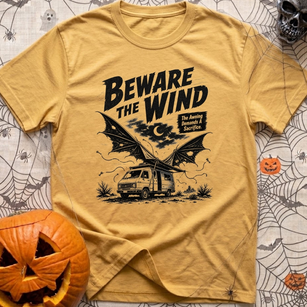 Suckers For Shade - T-Shirt in Mustard - A black and white illustration of a camper van parked in a desert at night under...