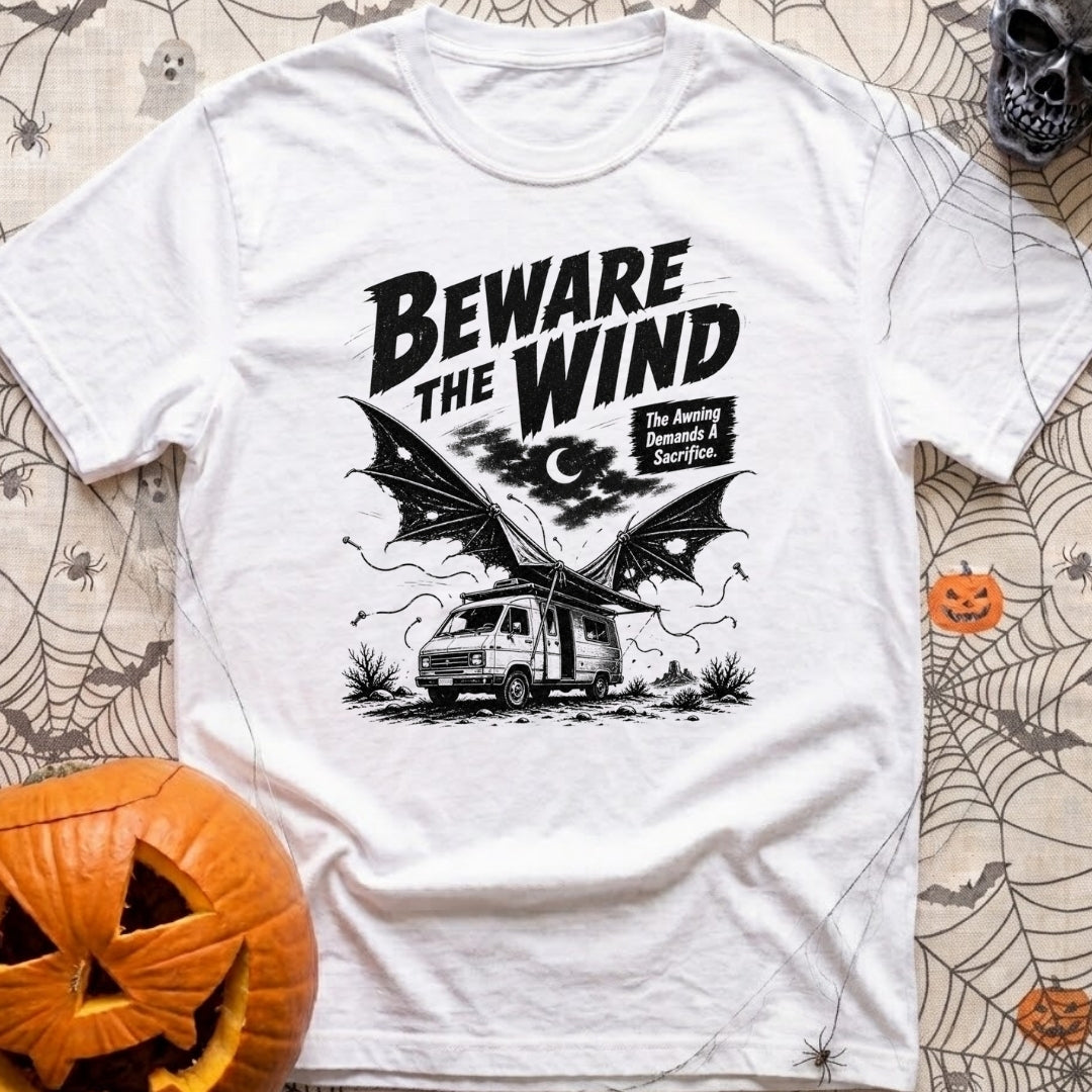 Suckers For Shade - T-Shirt in White - A black and white illustration of a camper van parked in a desert at night under a...