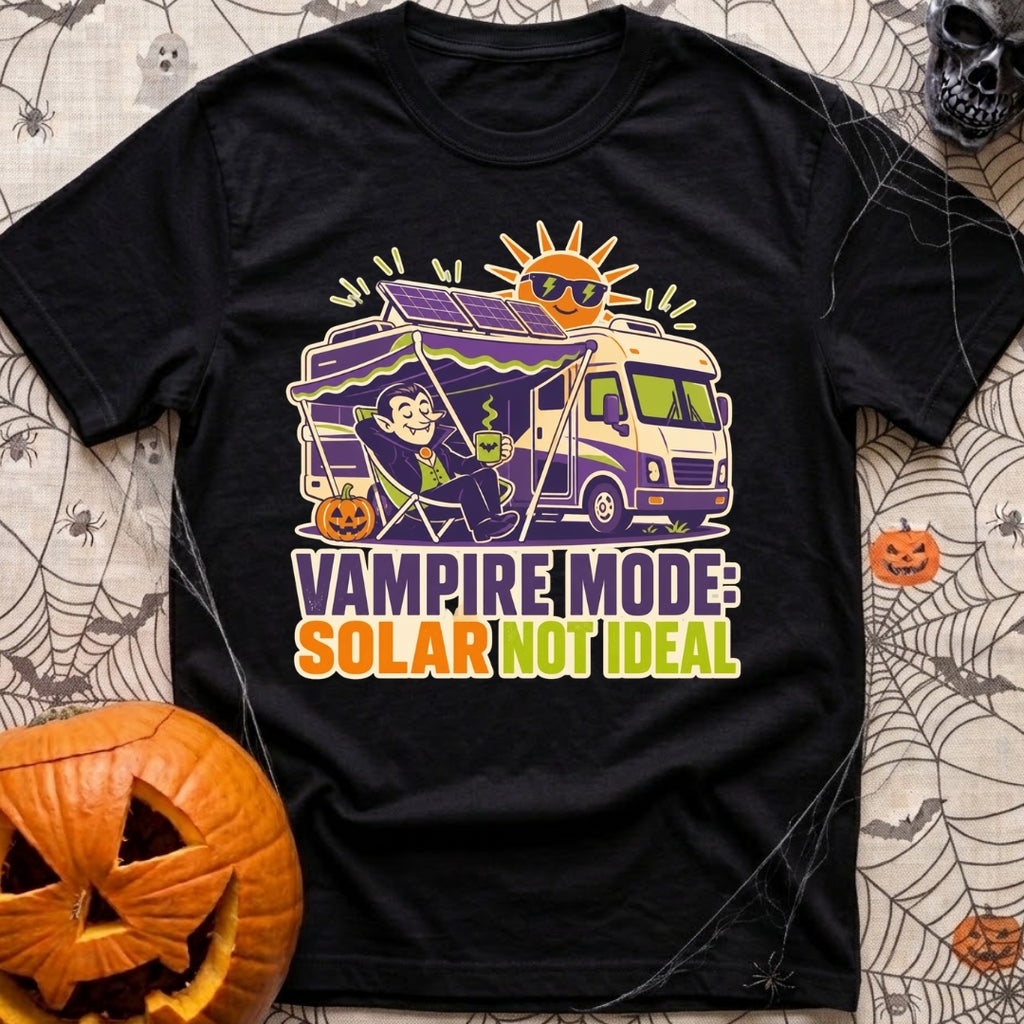 Solar Sucks For Vampires - T-Shirt in Black - A cartoon illustration of a vampire relaxing in a camp chair holding a...