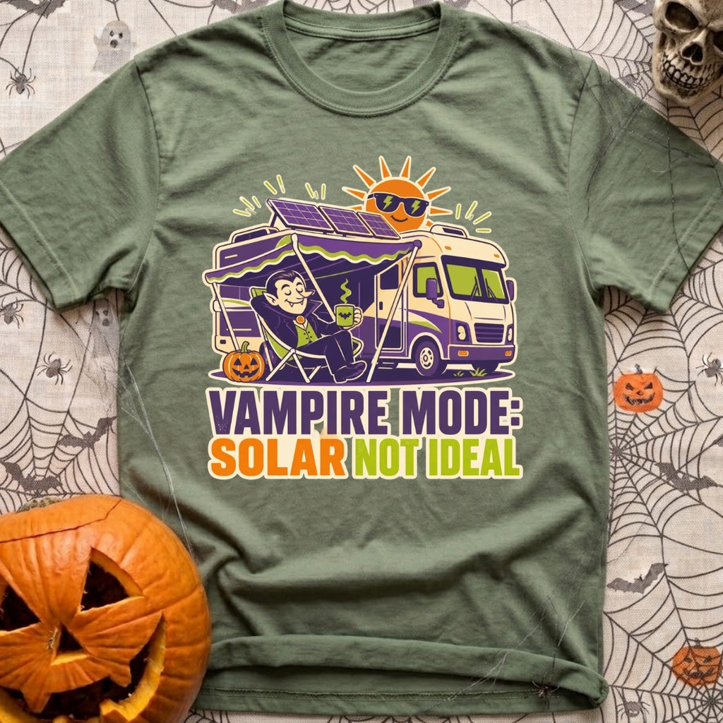 Solar Sucks For Vampires - T-Shirt in Moss - A cartoon illustration of a vampire relaxing in a camp chair holding a...