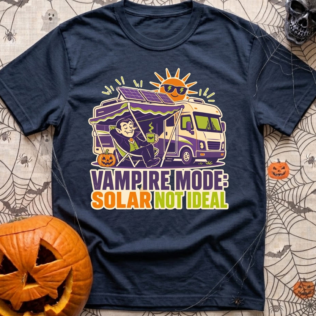 Solar Sucks For Vampires - T-Shirt in Navy - A cartoon illustration of a vampire relaxing in a camp chair holding a...