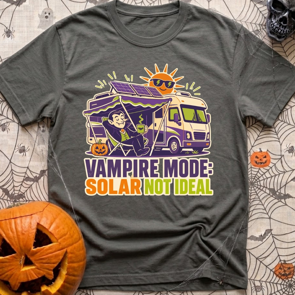 Solar Sucks For Vampires - T-Shirt in Pepper - A cartoon illustration of a vampire relaxing in a camp chair holding a...