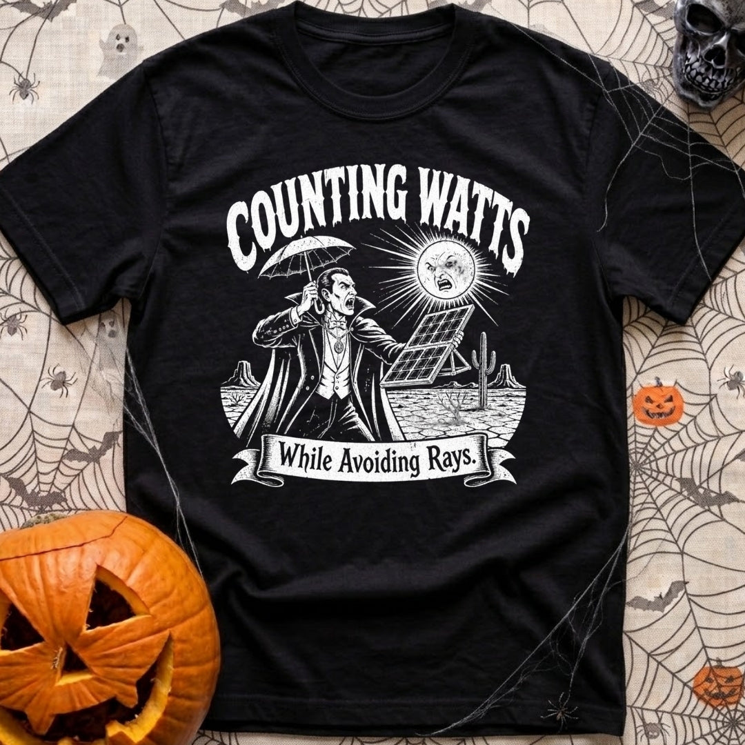 The Vampires Dilemma - T-Shirt in Black - A line drawing of a vampire standing in a desert landscape, holding a parasol...