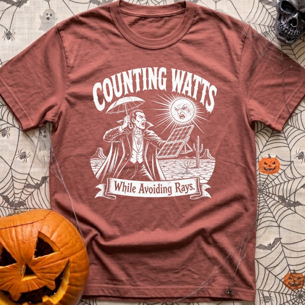 The Vampires Dilemma - T-Shirt in Brick - A line drawing of a vampire standing in a desert landscape, holding a parasol...