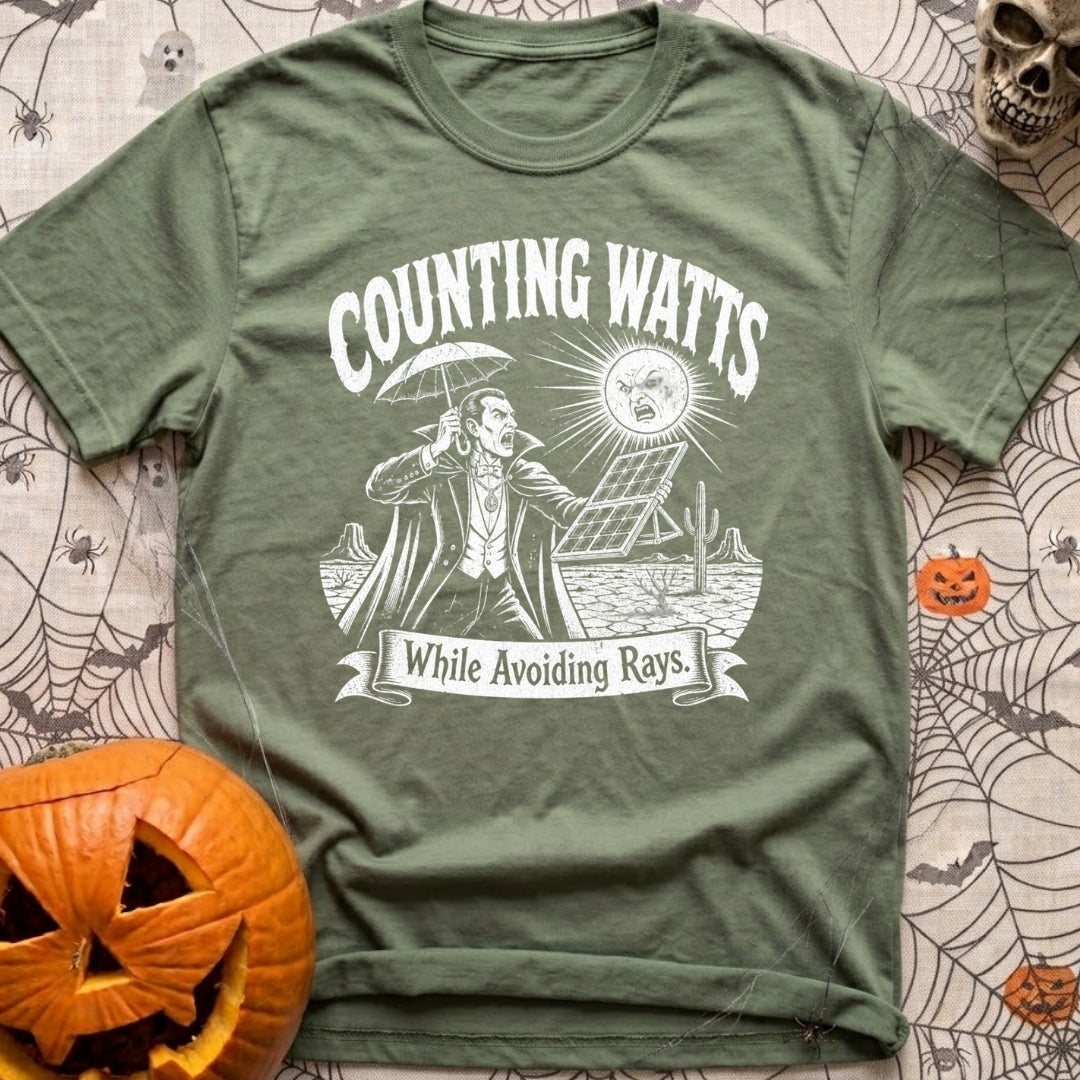 The Vampires Dilemma - T-Shirt in Moss - A line drawing of a vampire standing in a desert landscape, holding a parasol to...