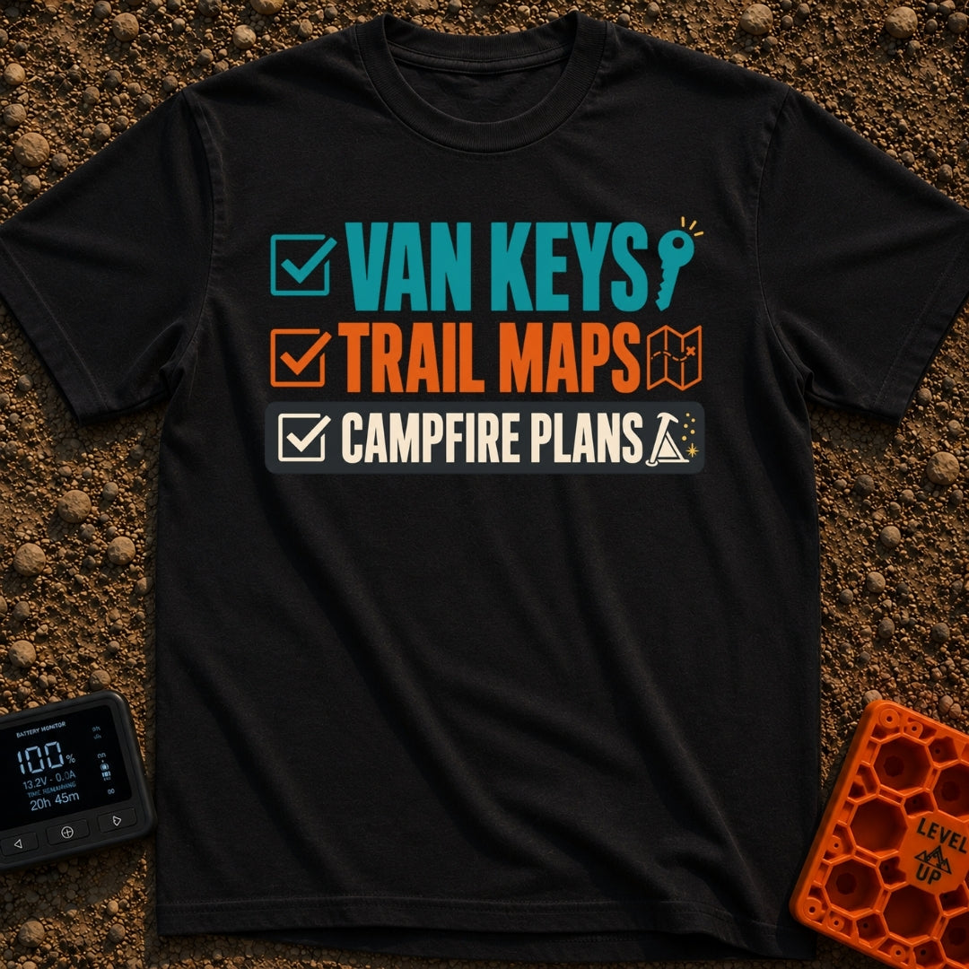 Keys Maps Campfire Plans - T-Shirt in Black - A text-based graphic featuring a three-item checklist with checked boxes...