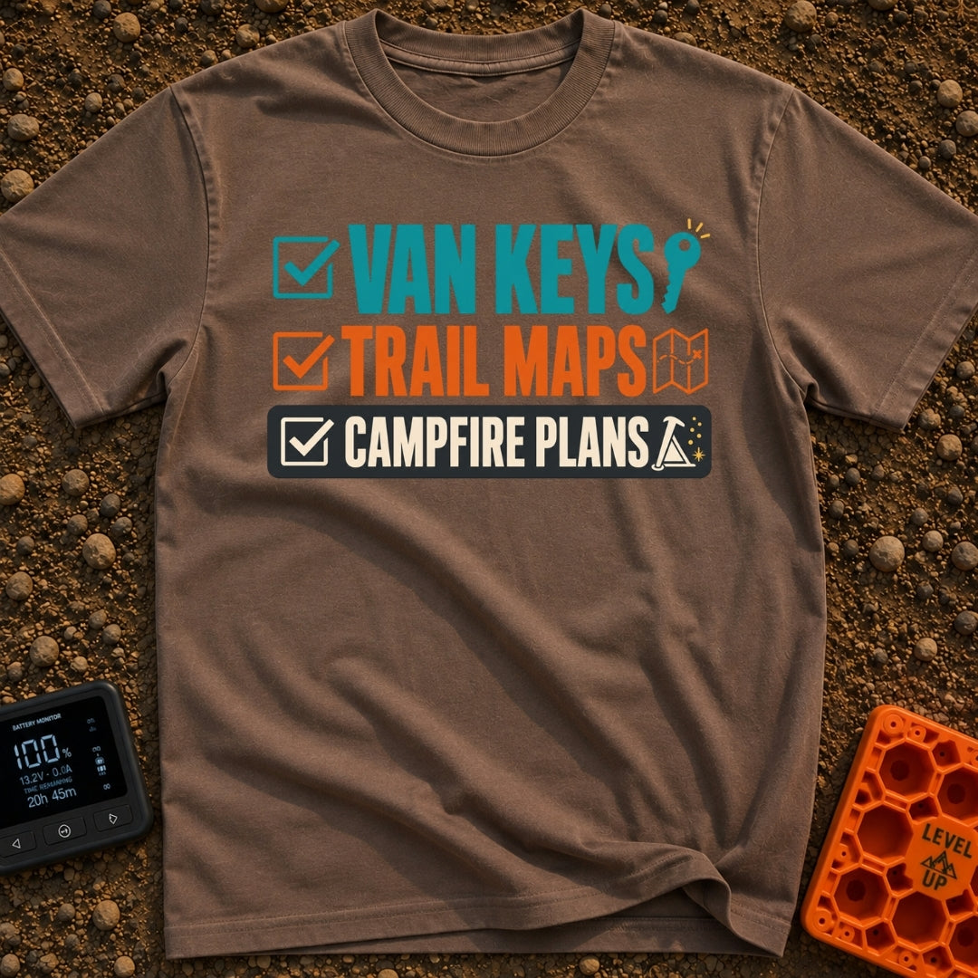 Keys Maps Campfire Plans - T-Shirt in Espresso - A text-based graphic featuring a three-item checklist with checked boxes...