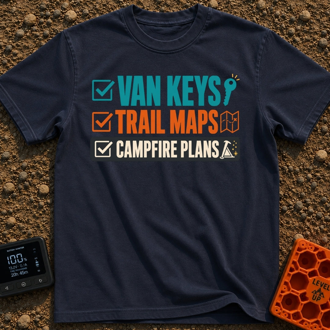 Keys Maps Campfire Plans - T-Shirt in Navy - A text-based graphic featuring a three-item checklist with checked boxes...