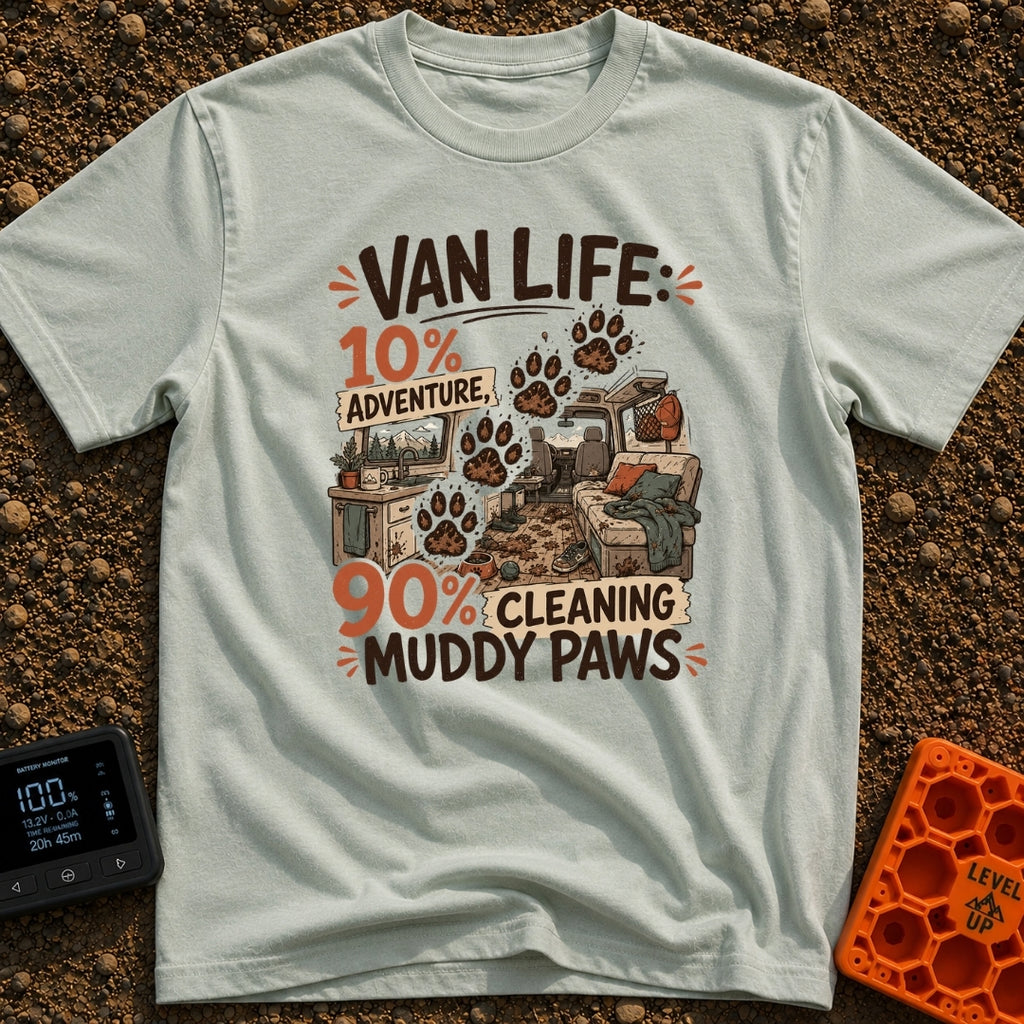 Paws and Adventures - T-Shirt in Bay - The design features the text "VAN LIFE: 10% ADVENTURE, 90% CLEANING MUDDY PAWS"...