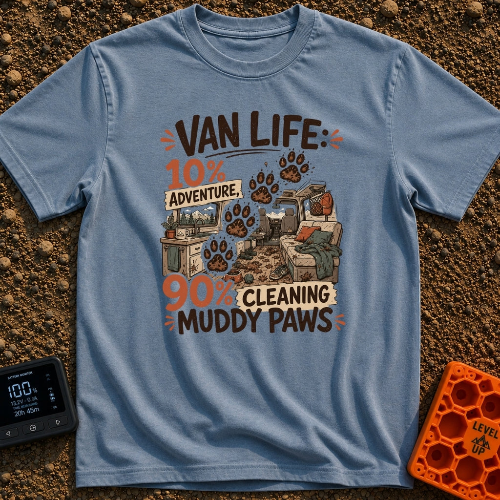 Paws and Adventures - T-Shirt in Blue Jean - The design features the text "VAN LIFE: 10% ADVENTURE, 90% CLEANING MUDDY...