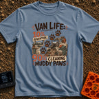 Paws and Adventures - T-Shirt in Blue Jean - The design features the text "VAN LIFE: 10% ADVENTURE, 90% CLEANING MUDDY...