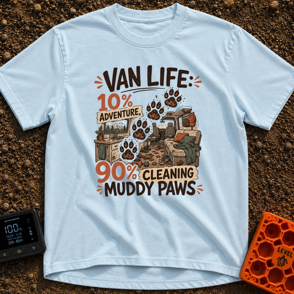 Paws and Adventures - T-Shirt in Chambray - The design features the text "VAN LIFE: 10% ADVENTURE, 90% CLEANING MUDDY...