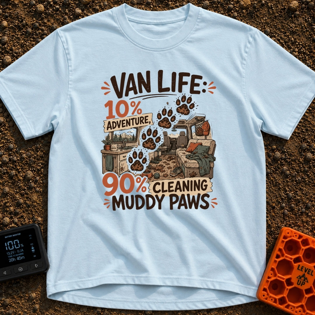 Paws and Adventures - T-Shirt in Chambray - The design features the text "VAN LIFE: 10% ADVENTURE, 90% CLEANING MUDDY...