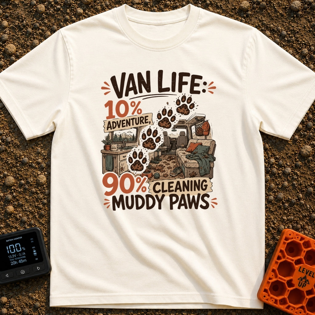 Paws and Adventures - T-Shirt in Ivory - The design features the text "VAN LIFE: 10% ADVENTURE, 90% CLEANING MUDDY PAWS"...