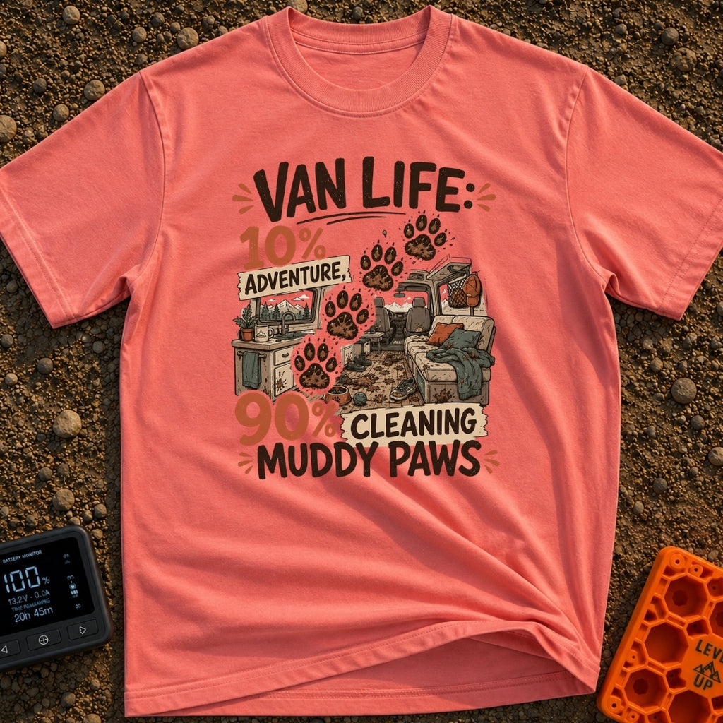 Paws and Adventures - T-Shirt in Watermelon - The design features the text "VAN LIFE: 10% ADVENTURE, 90% CLEANING MUDDY...