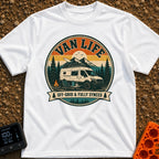 Offgrid And Fully Synced - T-Shirt in White - A vintage-style circular badge illustration showing a white camper van...