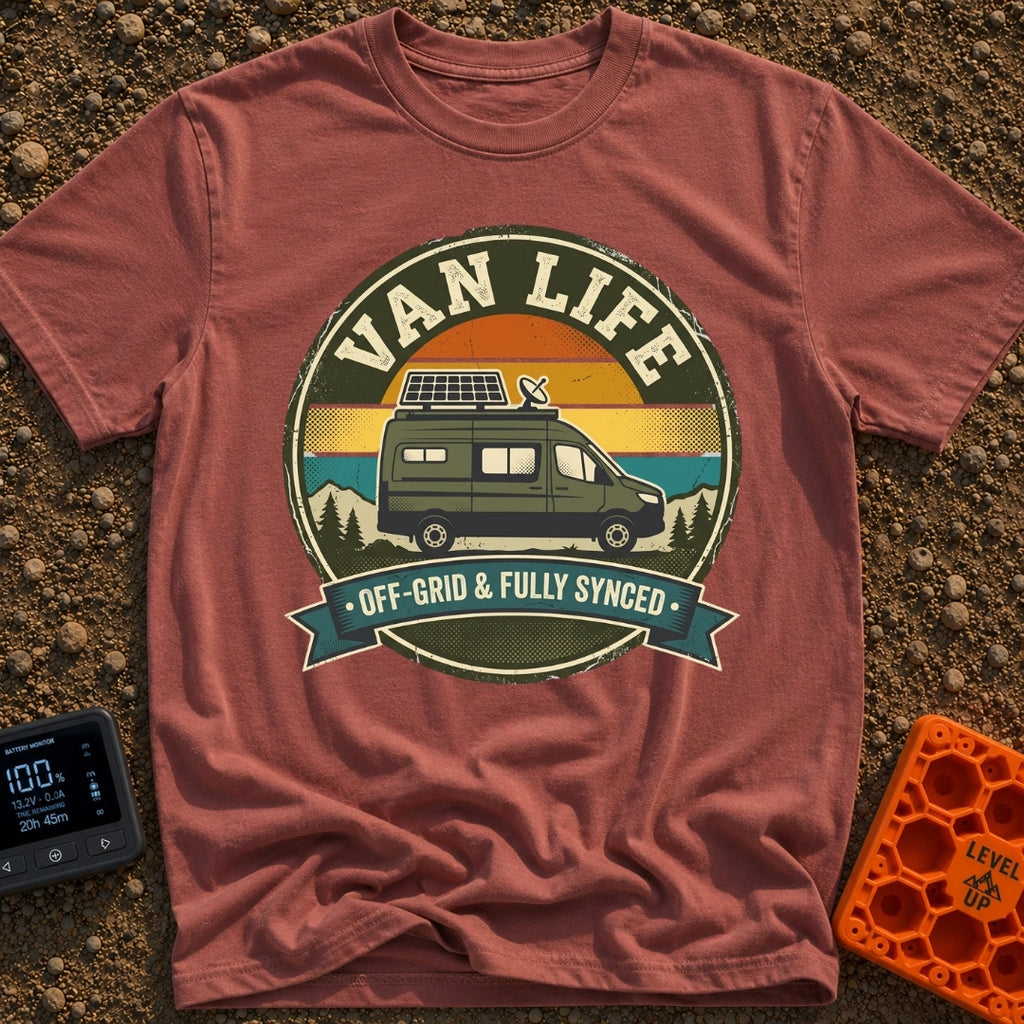 Offgrid And Fully Synced - T-Shirt in Brick - A vintage circular badge featuring a green camper van with a roof-mounted...