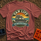 Offgrid And Fully Synced - T-Shirt in Brick - A vintage circular badge featuring a green camper van with a roof-mounted...