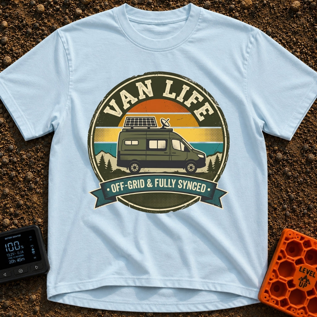 Offgrid And Fully Synced - T-Shirt in Chambray - A vintage circular badge featuring a green camper van with a...