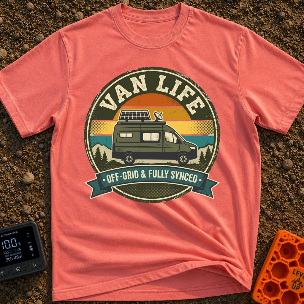 Offgrid And Fully Synced - T-Shirt in Watermelon - A vintage circular badge featuring a green camper van with a...