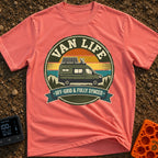 Offgrid And Fully Synced - T-Shirt in Watermelon - A vintage circular badge featuring a green camper van with a...