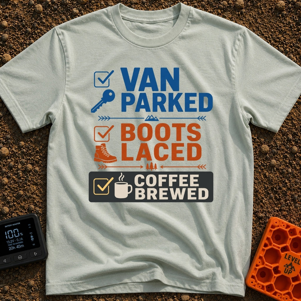 Parked Laced And Brewed - T-Shirt in Bay - A text-based graphic featuring a three-item checklist: 'VAN PARKED' in blue...