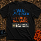 Parked Laced And Brewed - T-Shirt in Black - A text-based graphic featuring a three-item checklist: 'VAN PARKED' in blue...