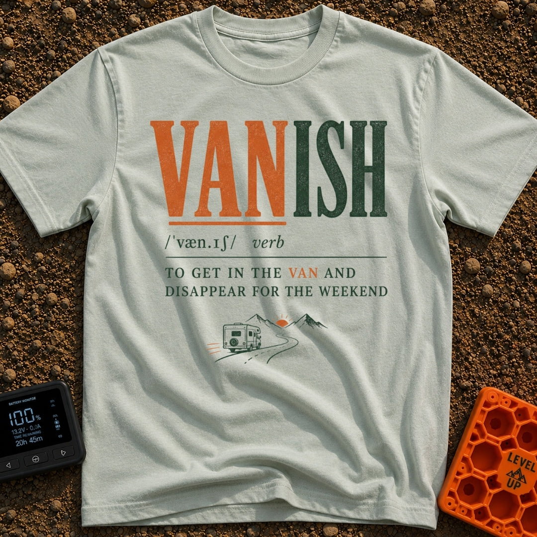 Vanish Is A Verb - T-Shirt in Bay - A typographic design styled like a dictionary entry for the word 'VANISH', defining...