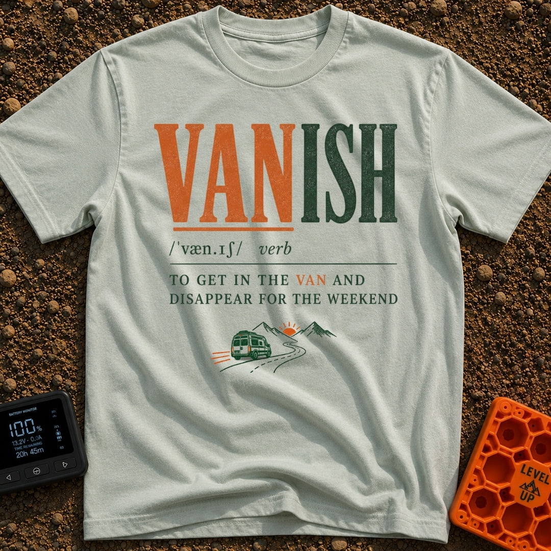 Vanish Is A Verb - T-Shirt in Bay - A typographic design styled like a dictionary entry for the word "VANISH", defining...