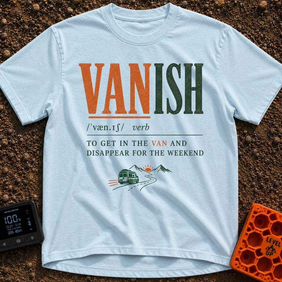Vanish Is A Verb - T-Shirt in Chambray - A typographic design styled like a dictionary entry for the word "VANISH",...