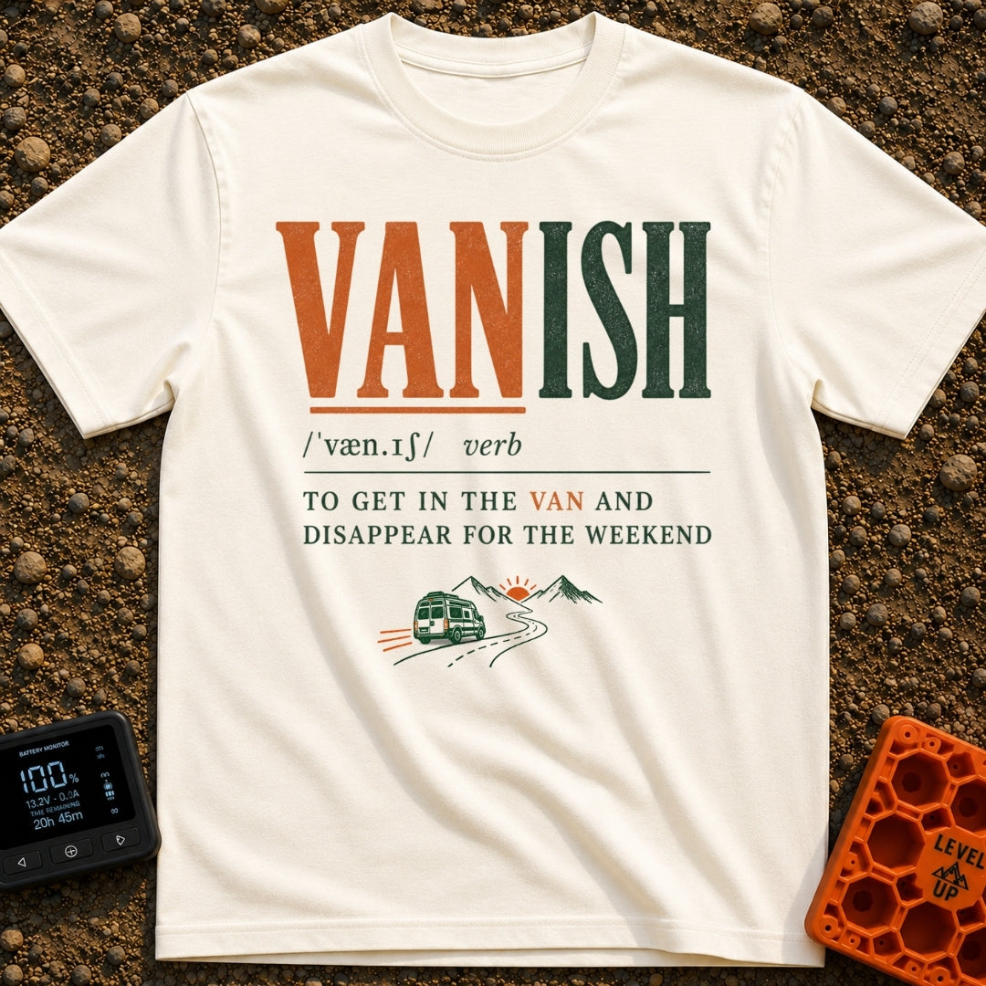 Vanish Is A Verb - T-Shirt in Ivory - A typographic design styled like a dictionary entry for the word "VANISH", defining...