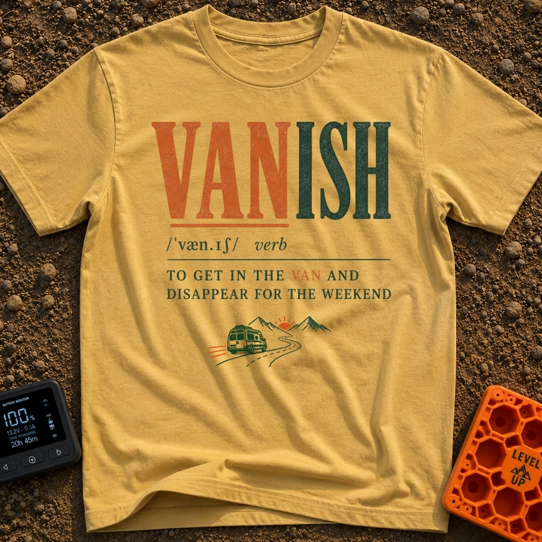 Vanish Is A Verb - T-Shirt in Mustard - A typographic design styled like a dictionary entry for the word "VANISH",...