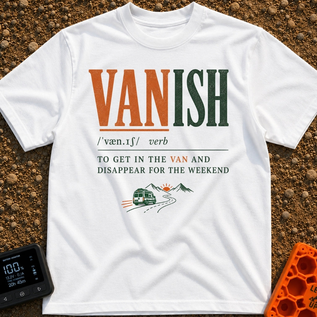 Vanish Is A Verb - T-Shirt in White - A typographic design styled like a dictionary entry for the word "VANISH", defining...