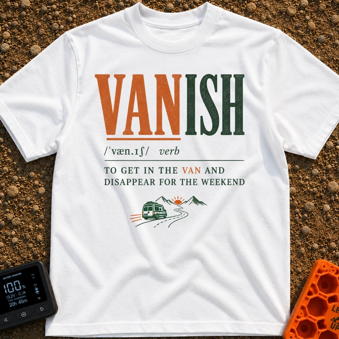 Vanish Is A Verb - T-Shirt in White - A typographic design styled like a dictionary entry for the word "VANISH", defining...