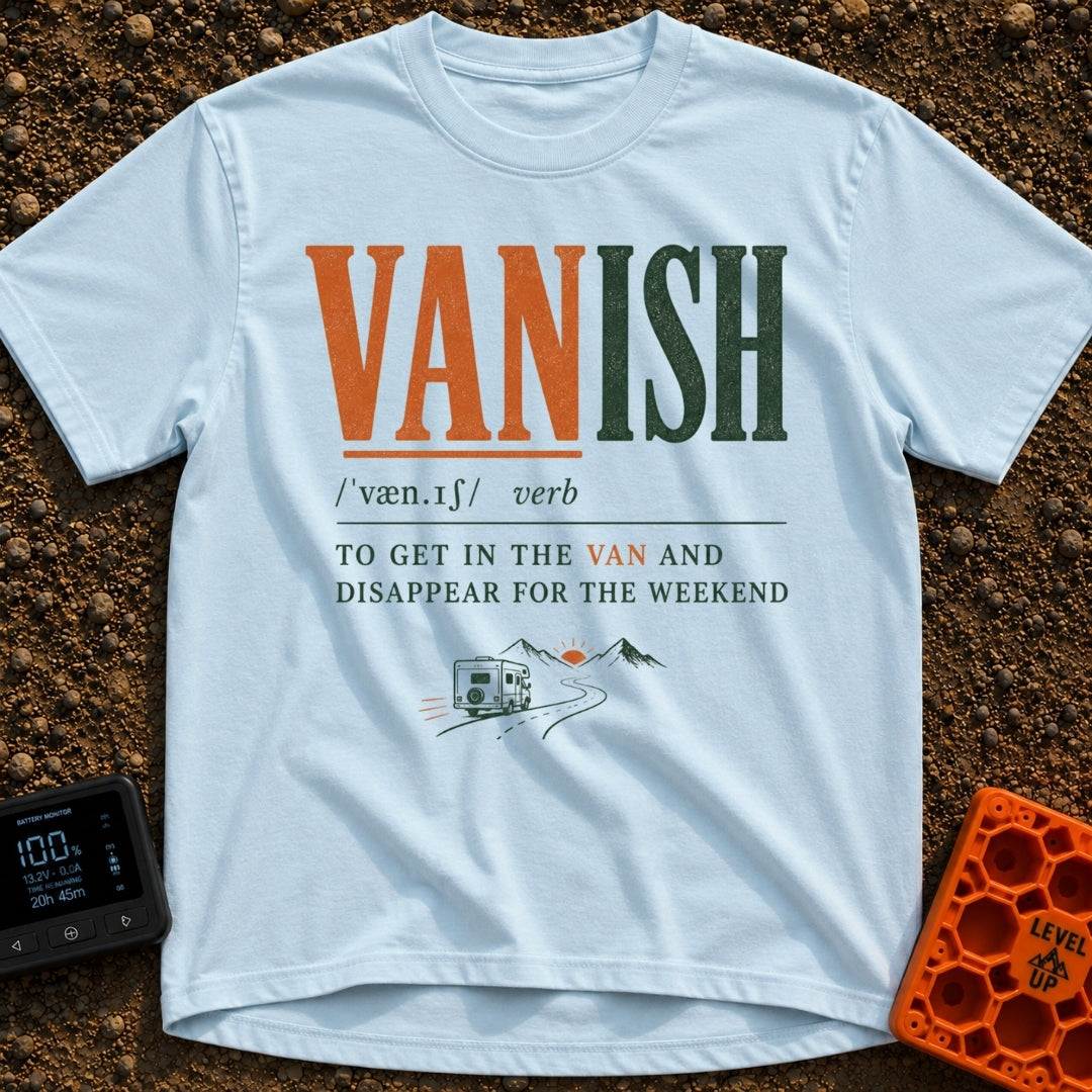 Vanish Is A Verb - T-Shirt in Chambray - A typographic design styled like a dictionary entry for the word 'VANISH',...