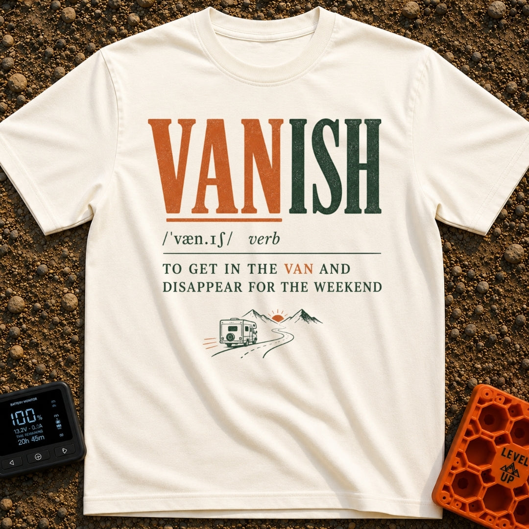 Vanish Is A Verb - T-Shirt in Ivory - A typographic design styled like a dictionary entry for the word 'VANISH', defining...