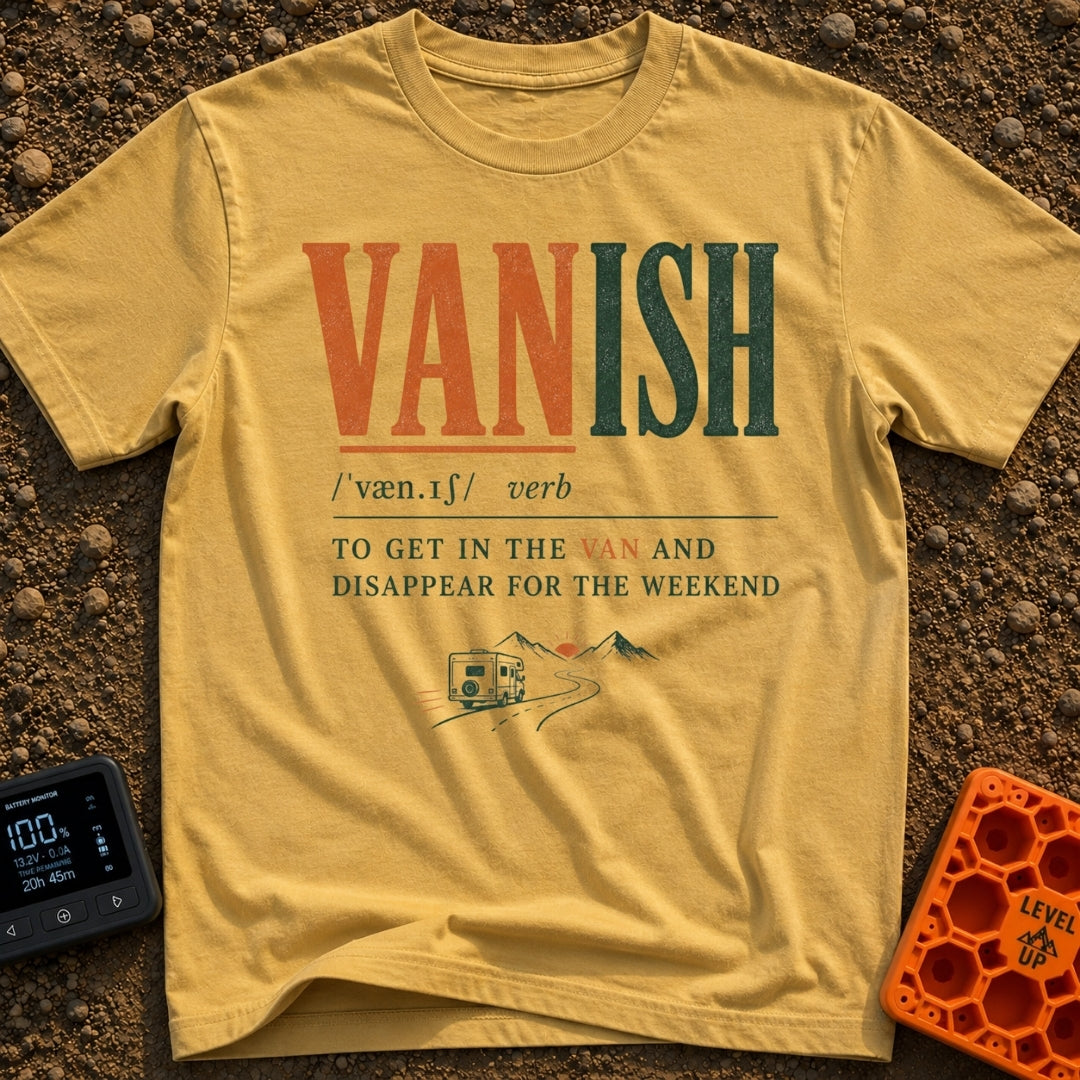 Vanish Is A Verb - T-Shirt in Mustard - A typographic design styled like a dictionary entry for the word 'VANISH',...