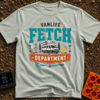 Chief Fetch Officer - T-Shirt in Bay - A graphic featuring a camper van parked near mountains and pine trees, flanked by...