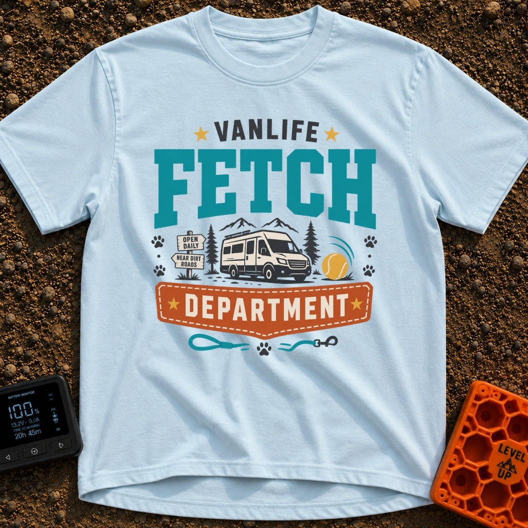 Chief Fetch Officer - T-Shirt in Chambray - A graphic featuring a camper van parked near mountains and pine trees,...