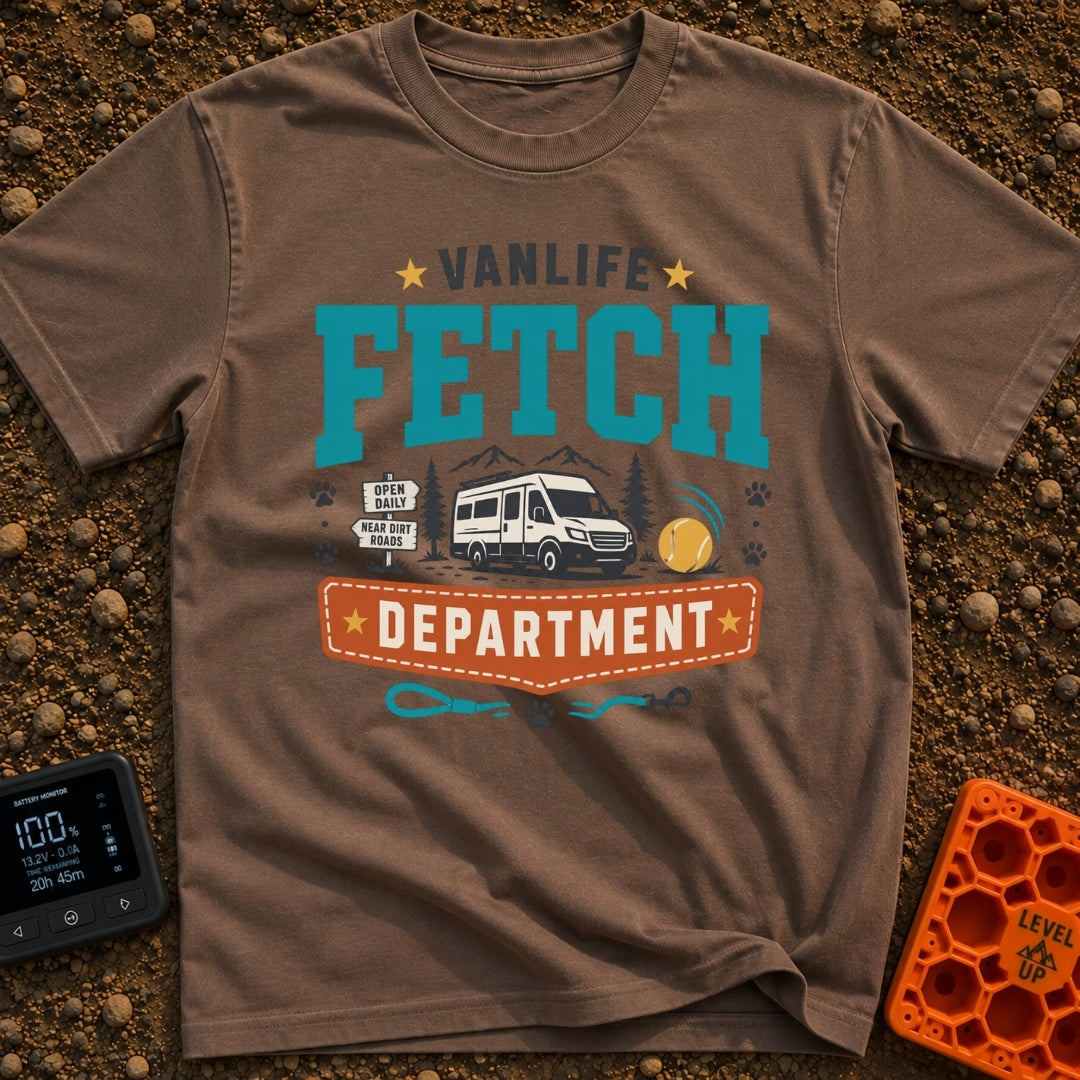 Chief Fetch Officer - T-Shirt in Espresso - A graphic featuring a camper van parked near mountains and pine trees,...