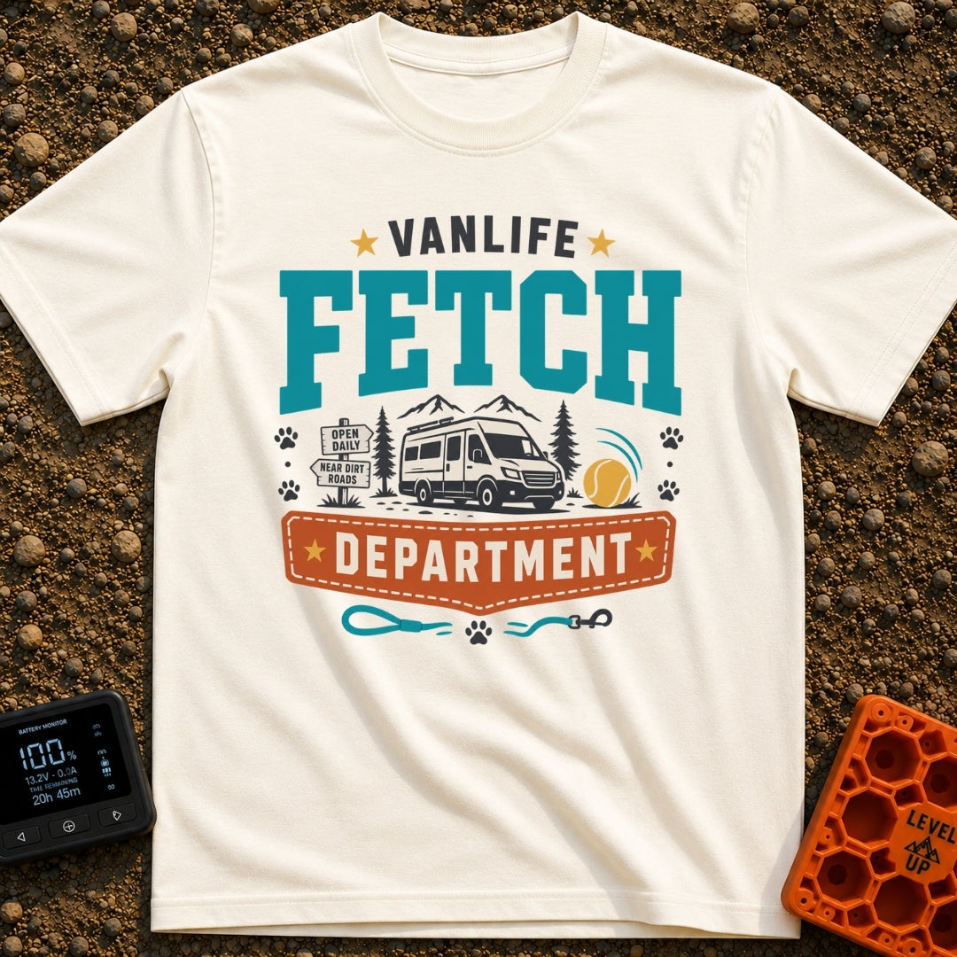 Chief Fetch Officer - T-Shirt in Ivory - A graphic featuring a camper van parked near mountains and pine trees, flanked...