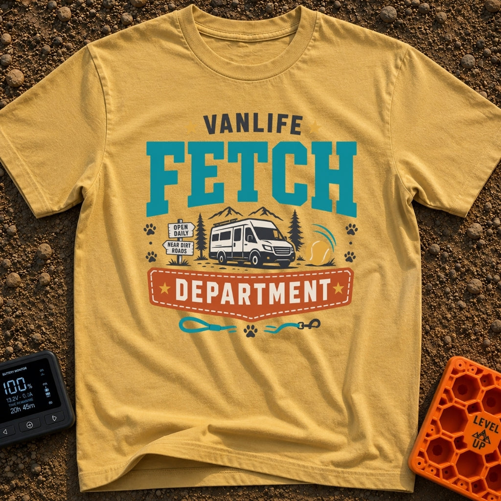 Chief Fetch Officer - T-Shirt in Mustard - A graphic featuring a camper van parked near mountains and pine trees, flanked...