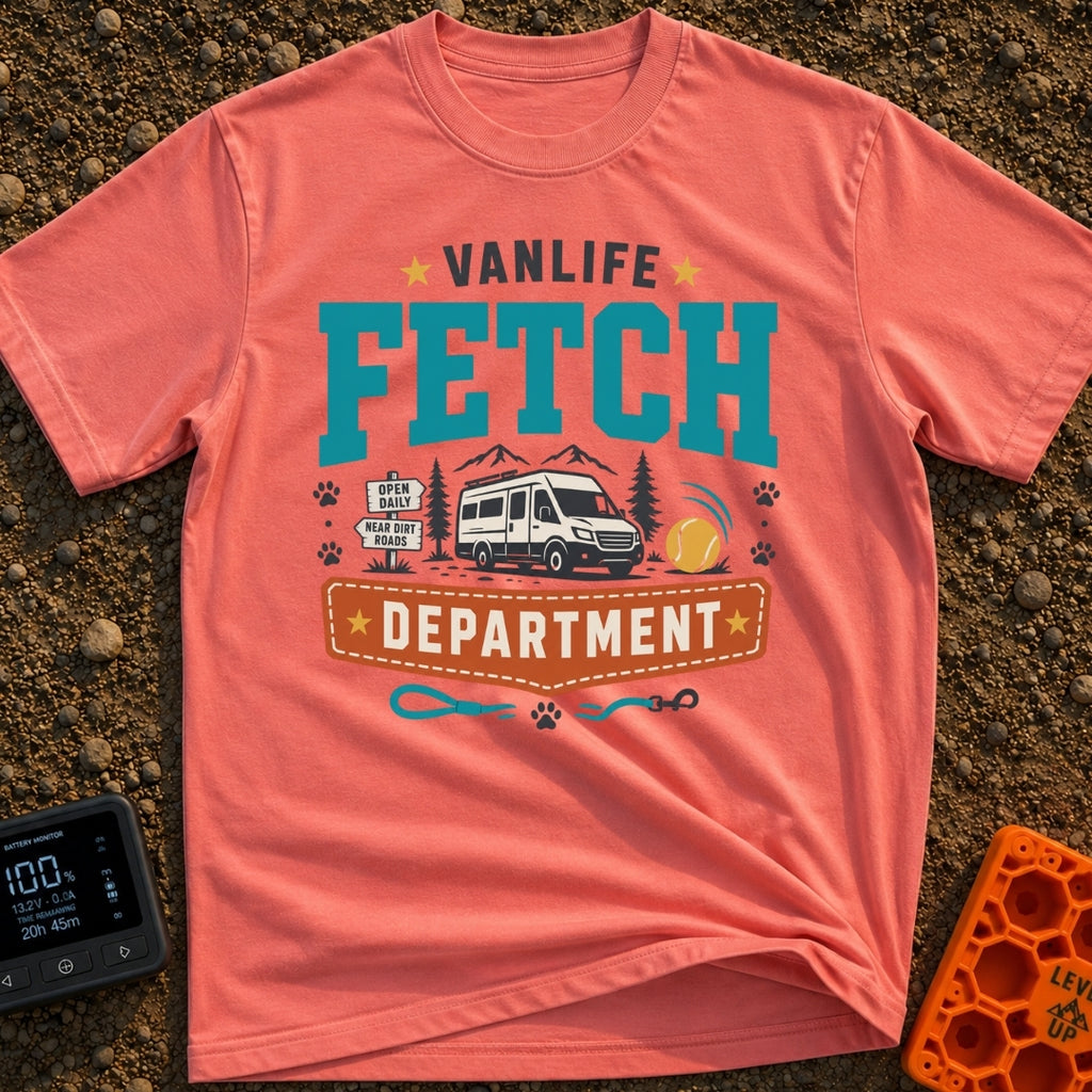 Chief Fetch Officer - T-Shirt in Watermelon - A graphic featuring a camper van parked near mountains and pine trees,...