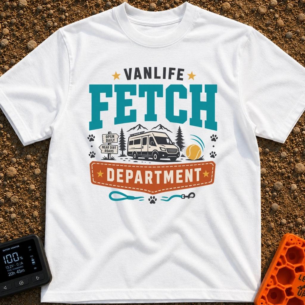 Chief Fetch Officer - T-Shirt in White - A graphic featuring a camper van parked near mountains and pine trees, flanked...