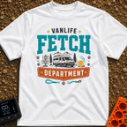 Chief Fetch Officer - T-Shirt in White - A graphic featuring a camper van parked near mountains and pine trees, flanked...